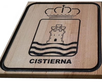 Escudo «Cistierna» grabado en madera